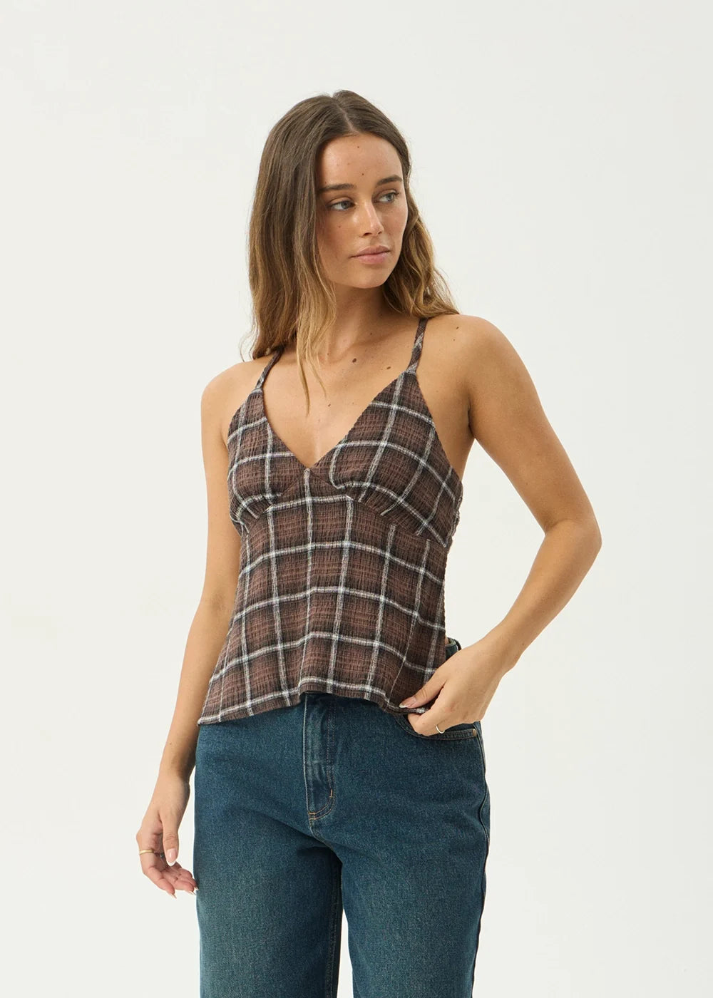 Womens Seersucker Strappy Top Reverie - Coffee Check - AFENDS