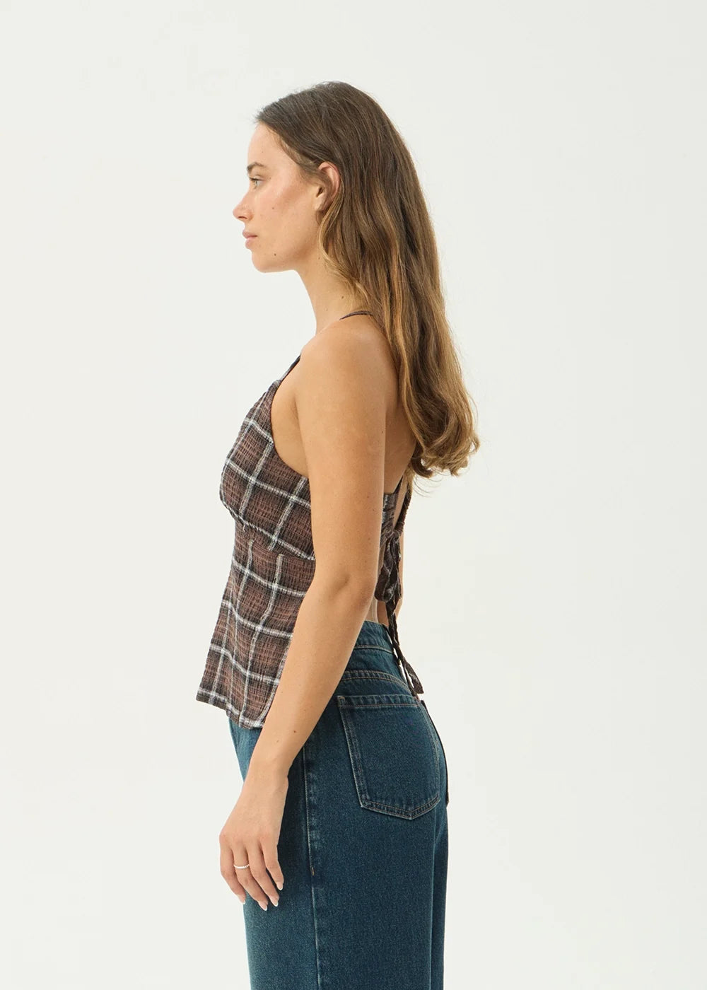 Womens Seersucker Strappy Top Reverie - Coffee Check - AFENDS