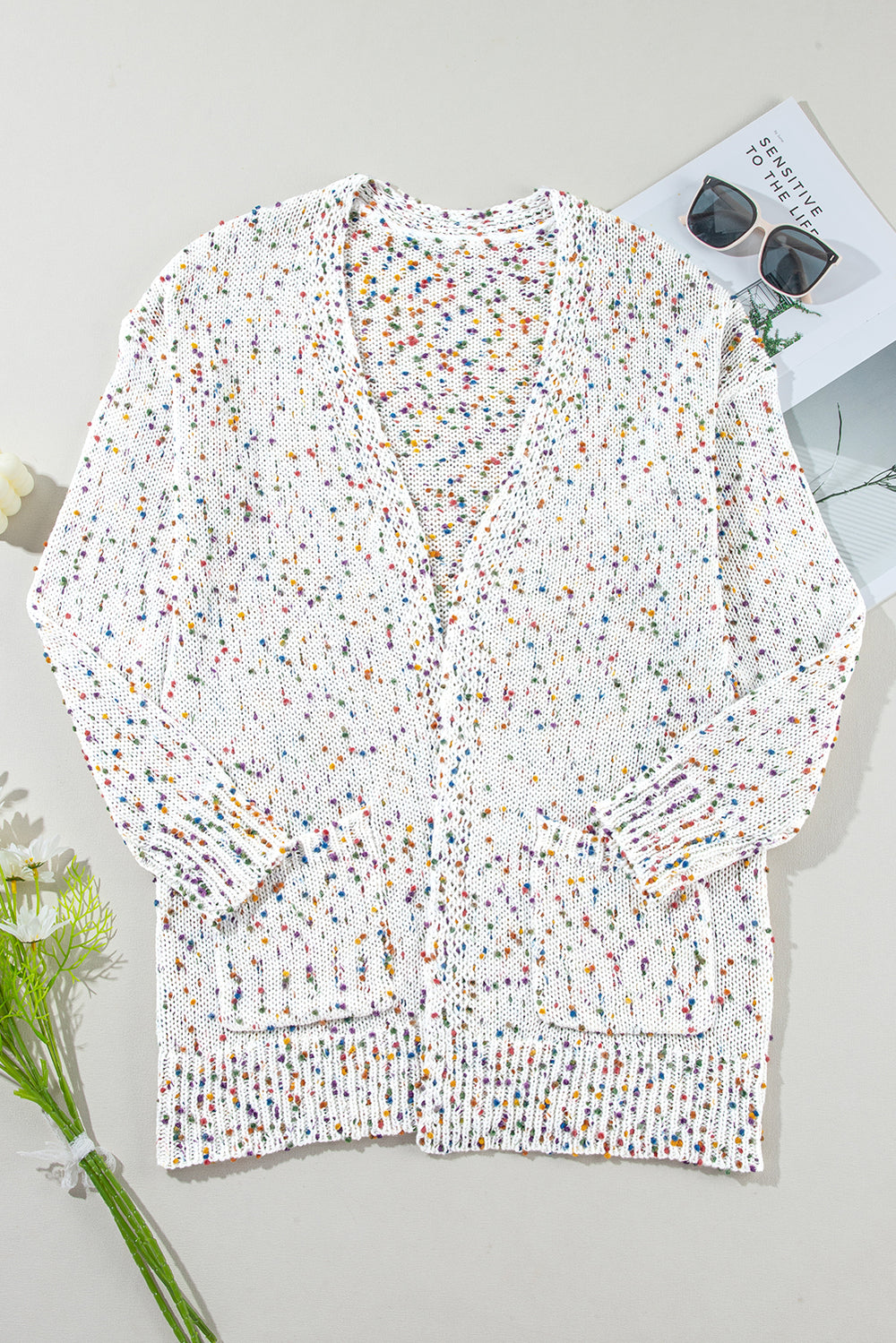 White Confetti Rib Knit Long Sleeve Cardigan