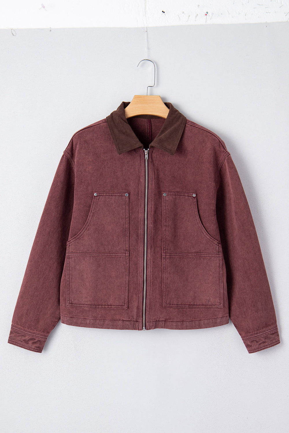Coffee Corduroy Collar Zipped Front Denim Jacket - Denim Jacket