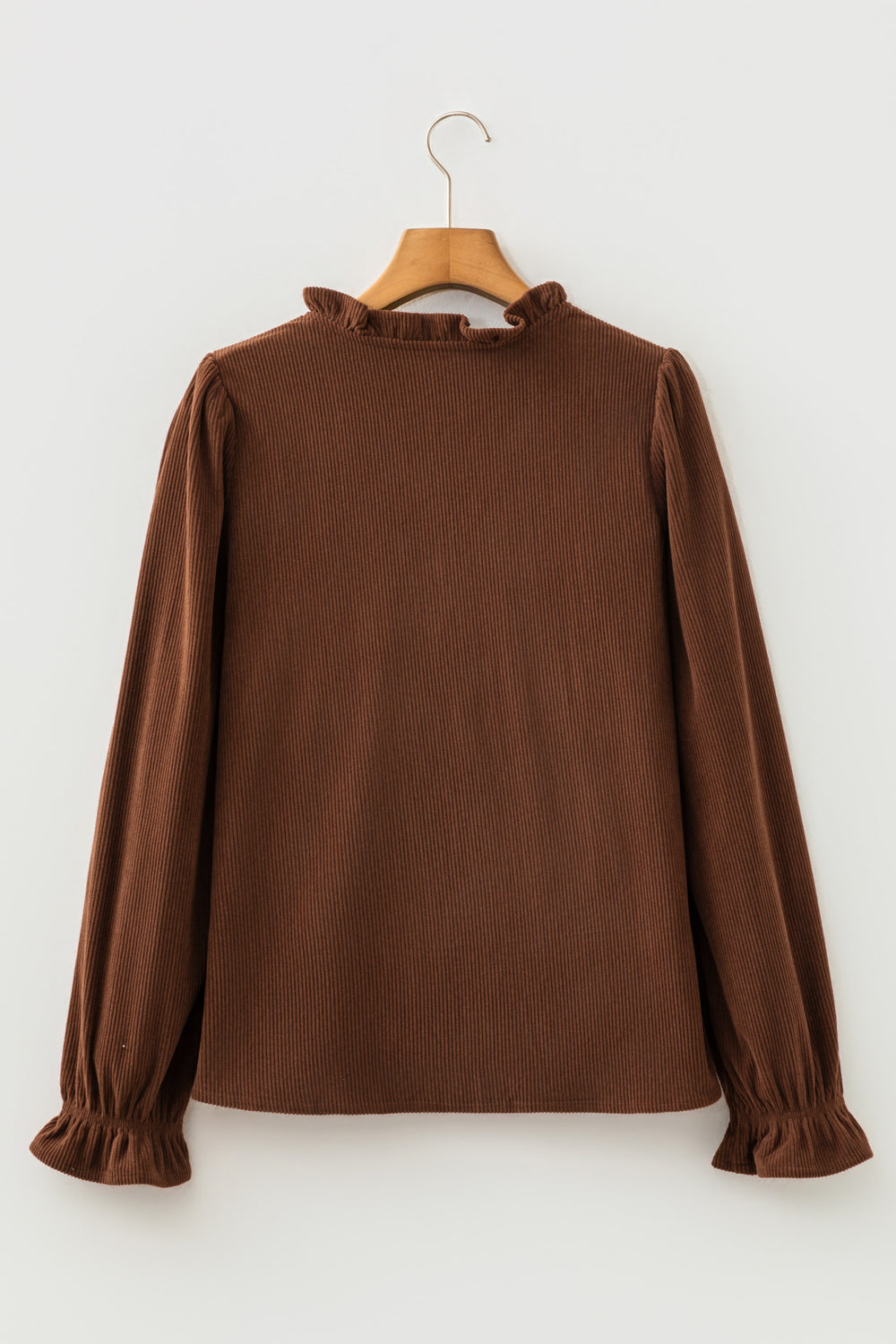 Coffee Solid Color Ruffle Trim V Neck Long Sleeve Button Corduroy S...