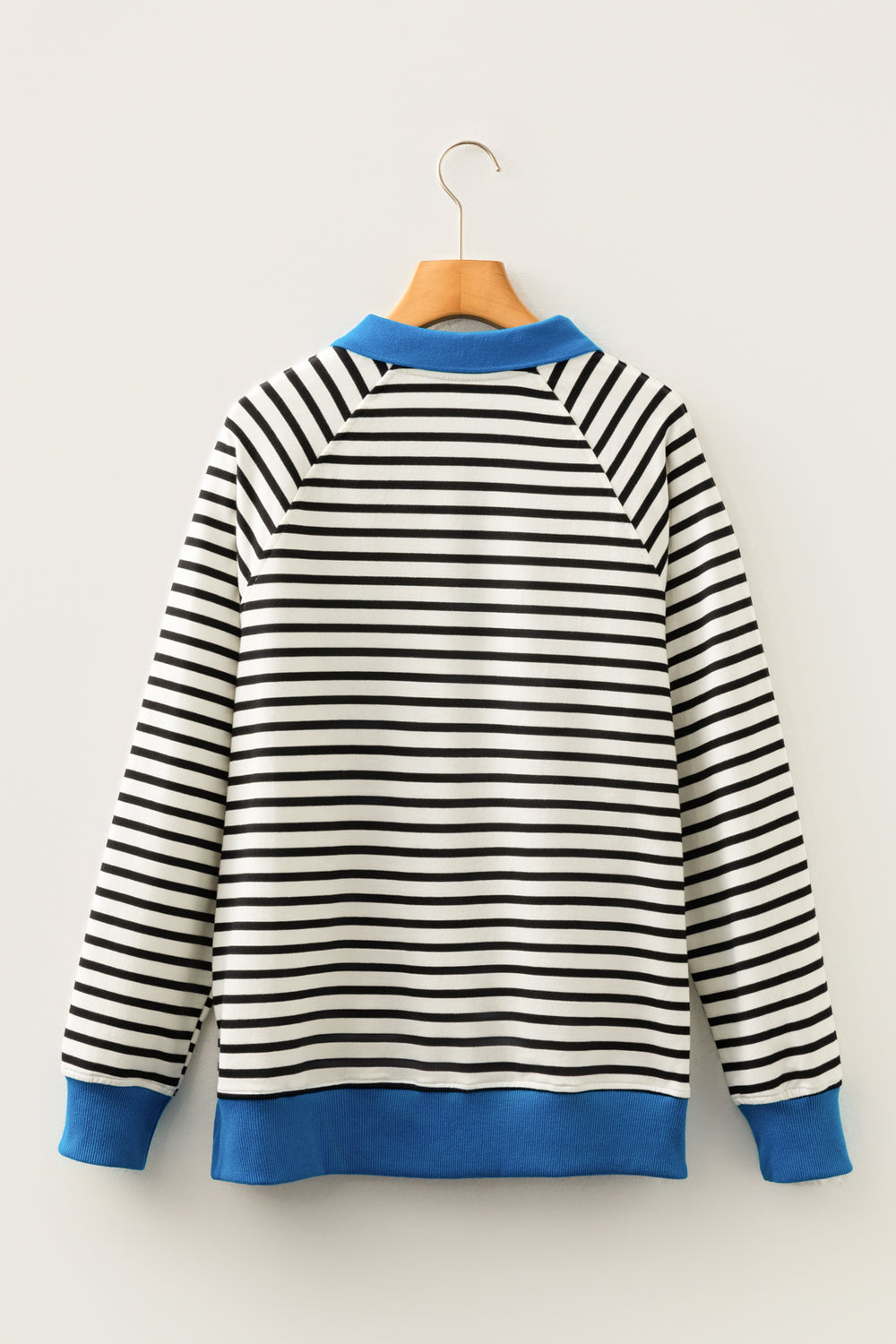 Black Stripe Color Block Patchwork Button Polo Collar Side Slit Swe...