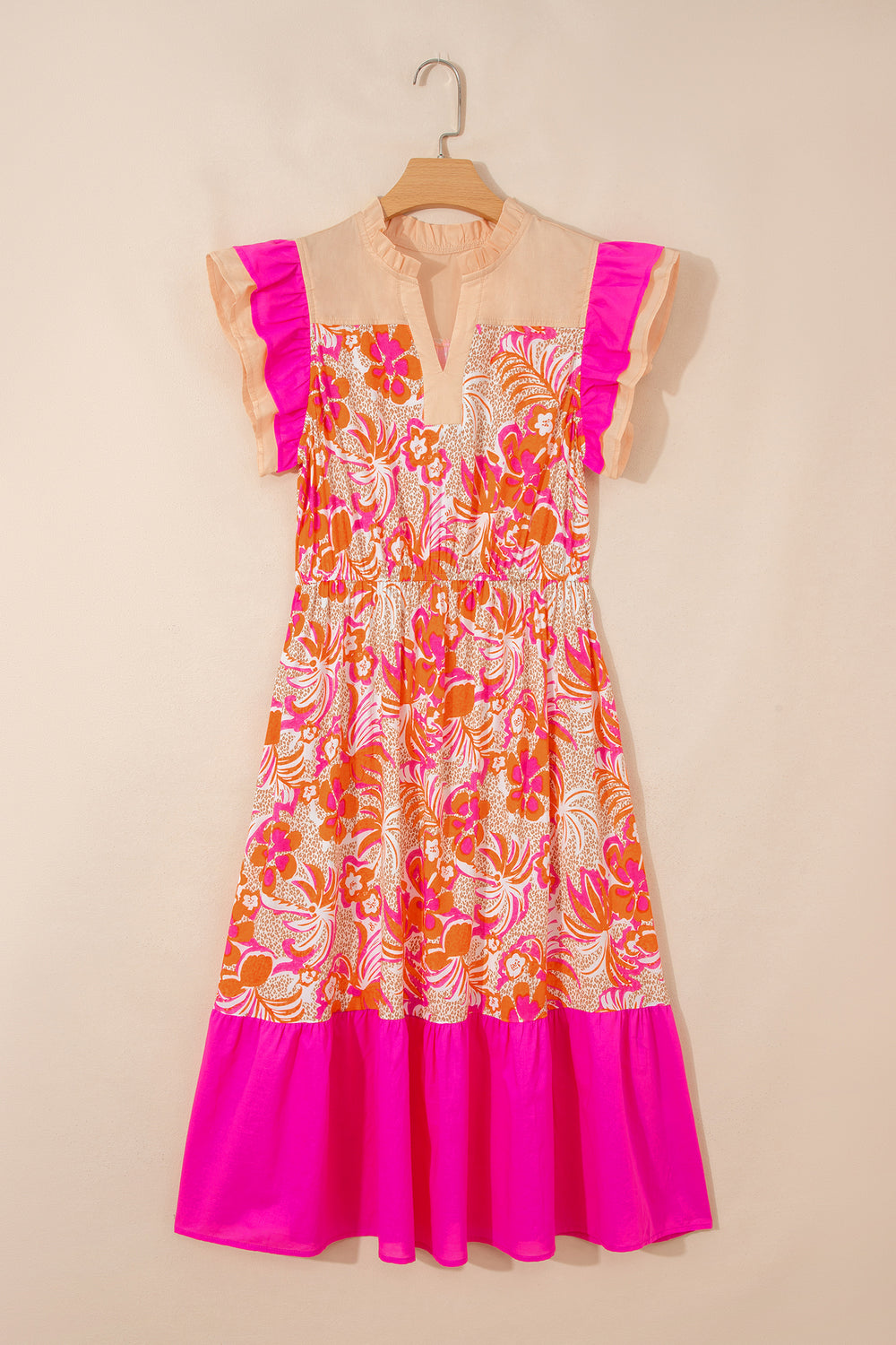 Rose Floral Print Color Block Ruffled Short Sleeve Flared Midi Dress