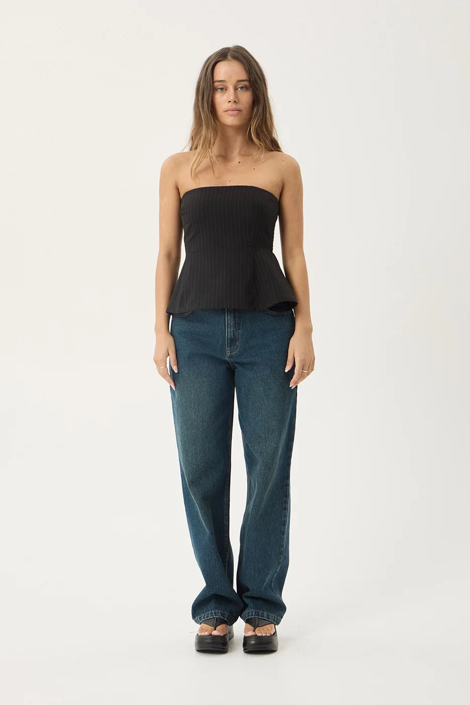 Womens Pinstripe Strapless Top Lilo - Black - AFENDS