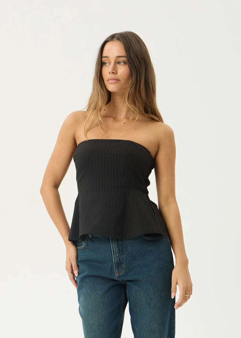 Womens Pinstripe Strapless Top Lilo - Black - AFENDS