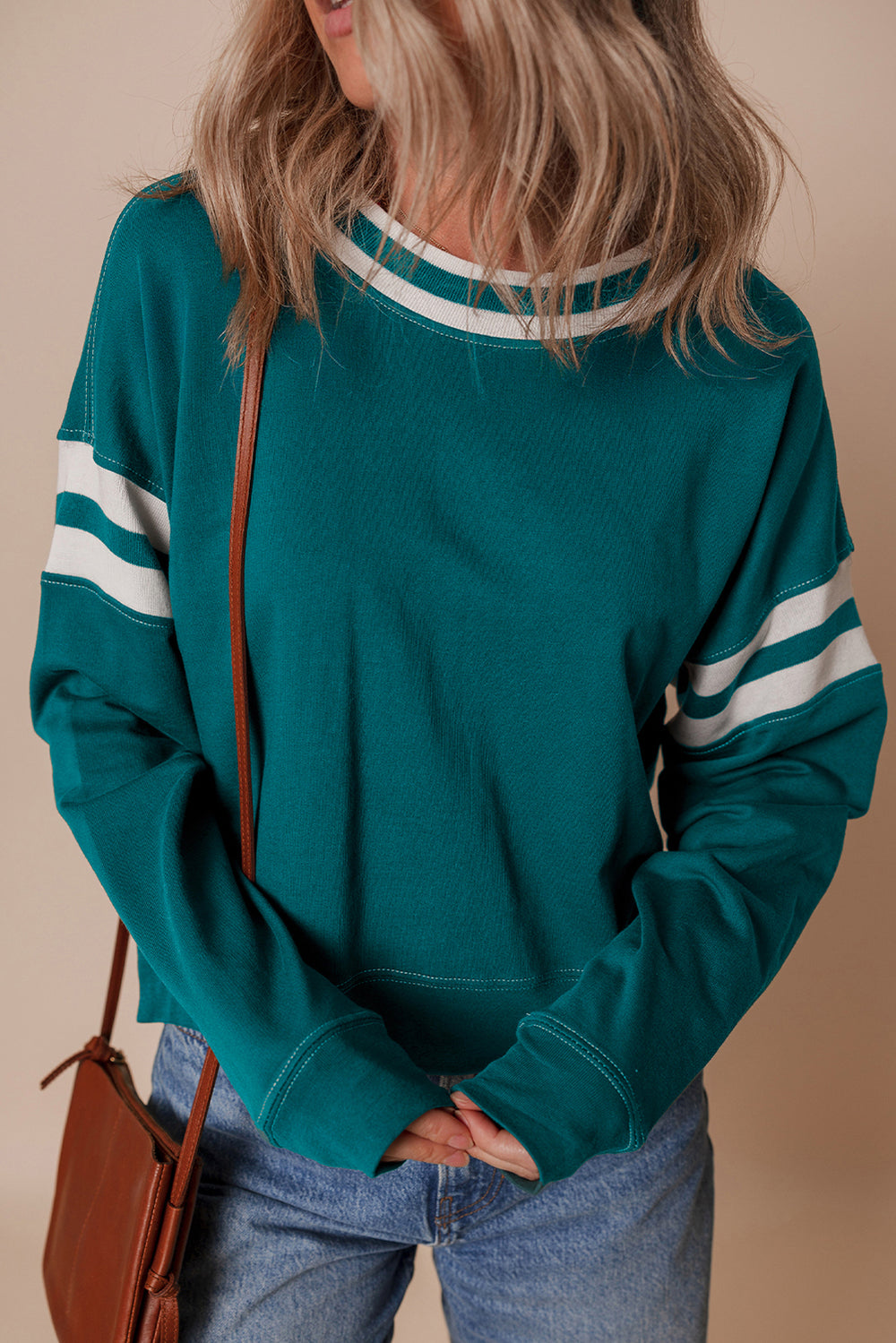 Blackish Green Contrast Striped Patchwork Round Neck Drop Shoulder ...