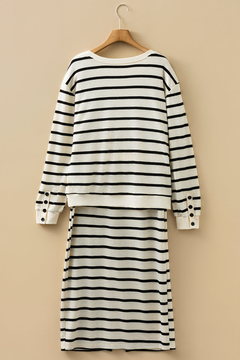 Black Stripe Ribbed Trim Button Cuff Long Sleeve Top Midi Skirt 2pcs Outfit