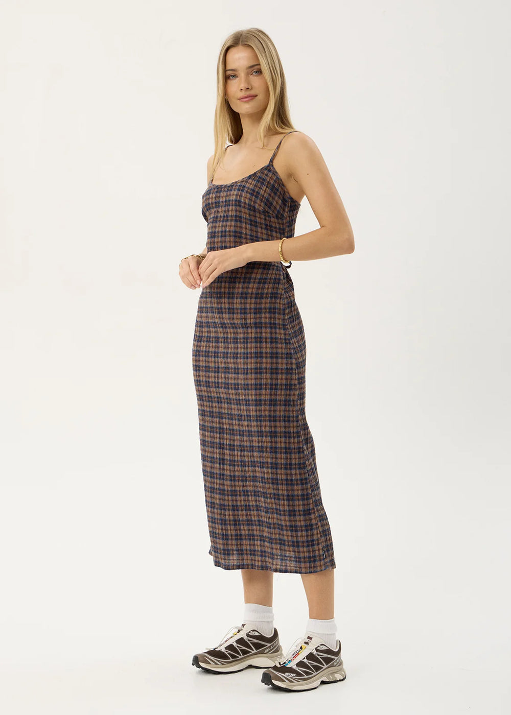 Womens Seersucker Midi Dress Rumi - Shev Indigo Check - AFENDS
