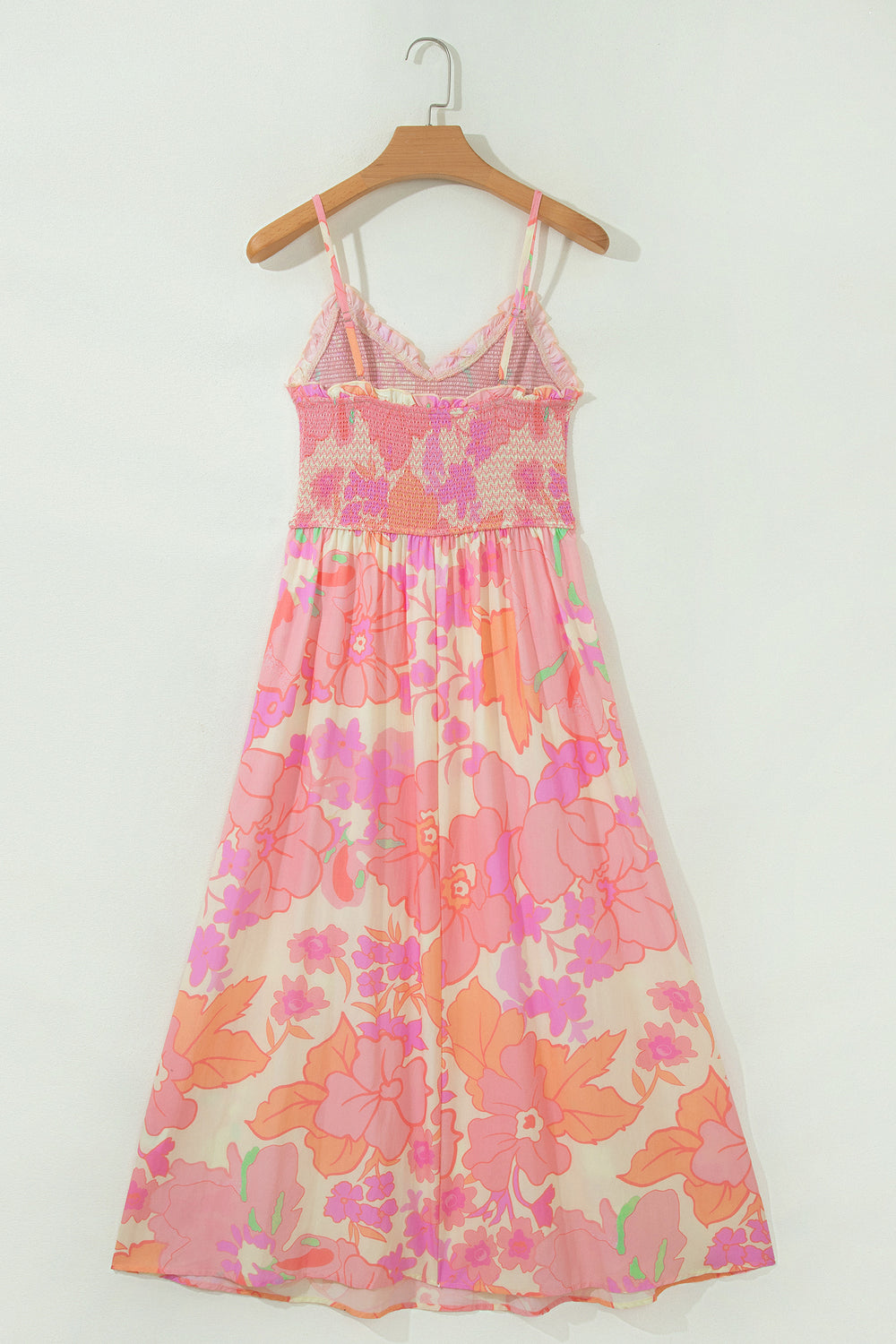 Pink Spaghetti Straps Floral Shirred High Waist Dress