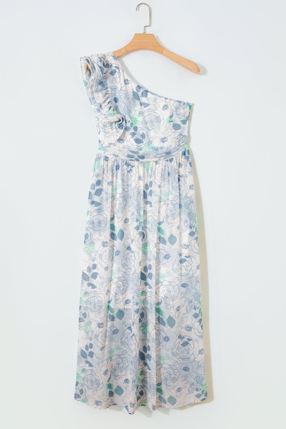 Sky Blue Floral Print Ruffled One Shoulder Vacation Maxi Dress