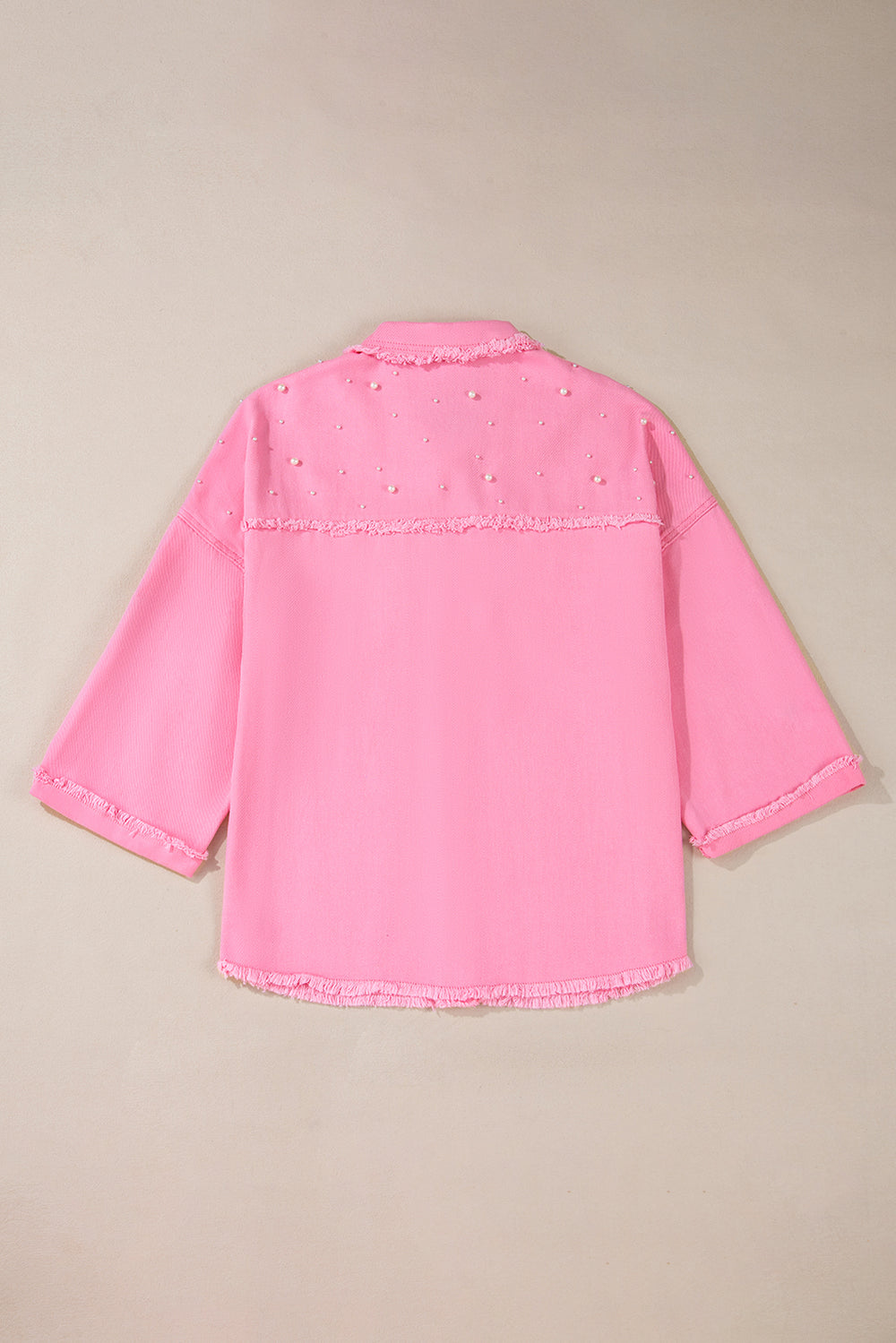 Bonbon Pearl Beaded Raw Hem Button Up Denim Jacket - Denim Jacket