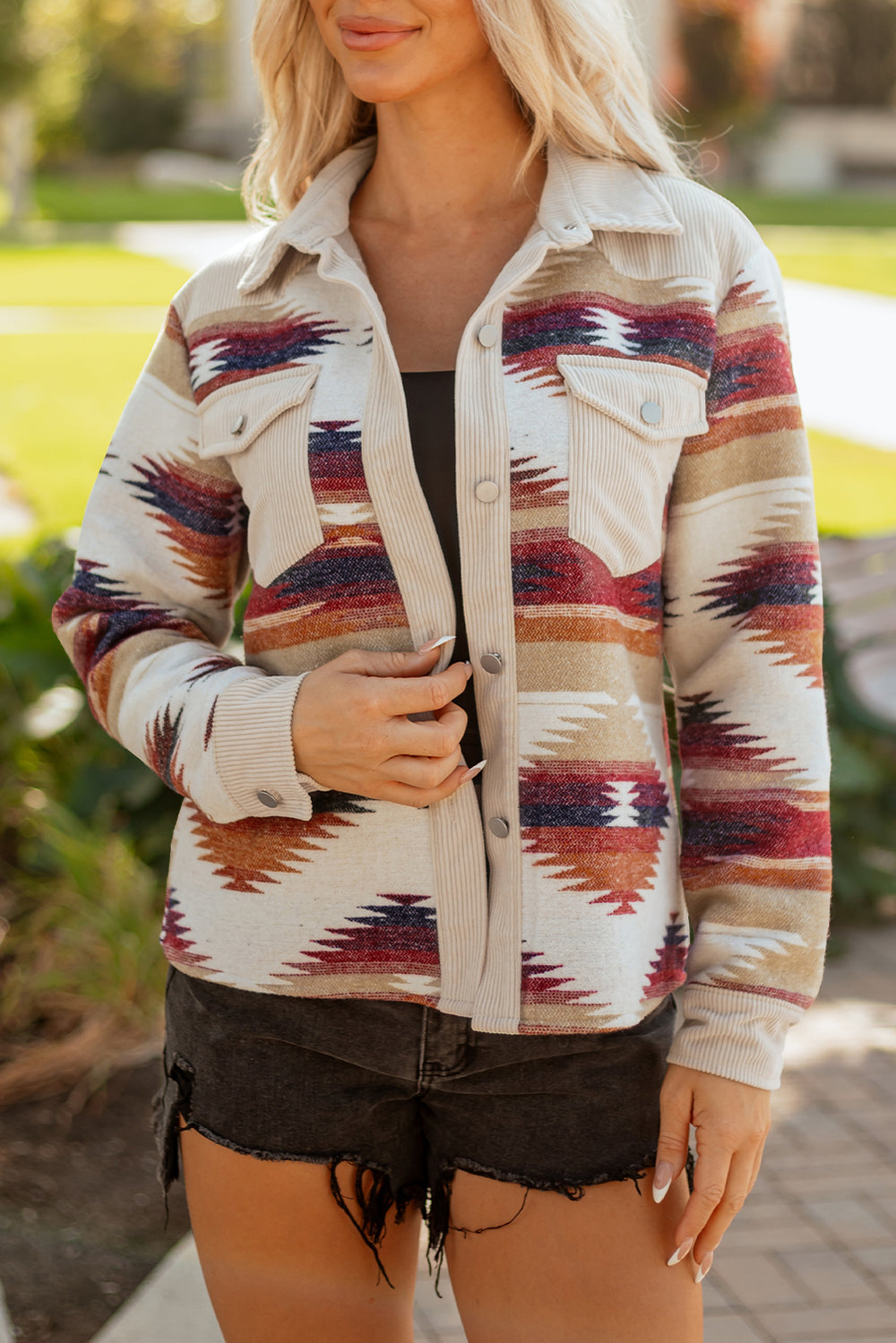 Multicolour Western Aztec Ribbed Patchwork Double Flap Pocket Raw H...