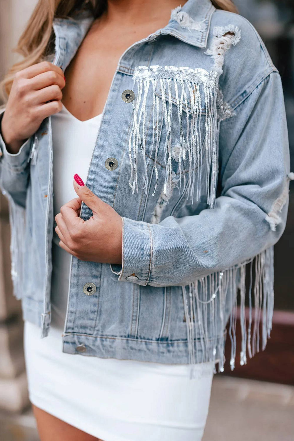 Sky Blue Sequin Embellished Fringe Distressed Denim Jacket - Denim ...