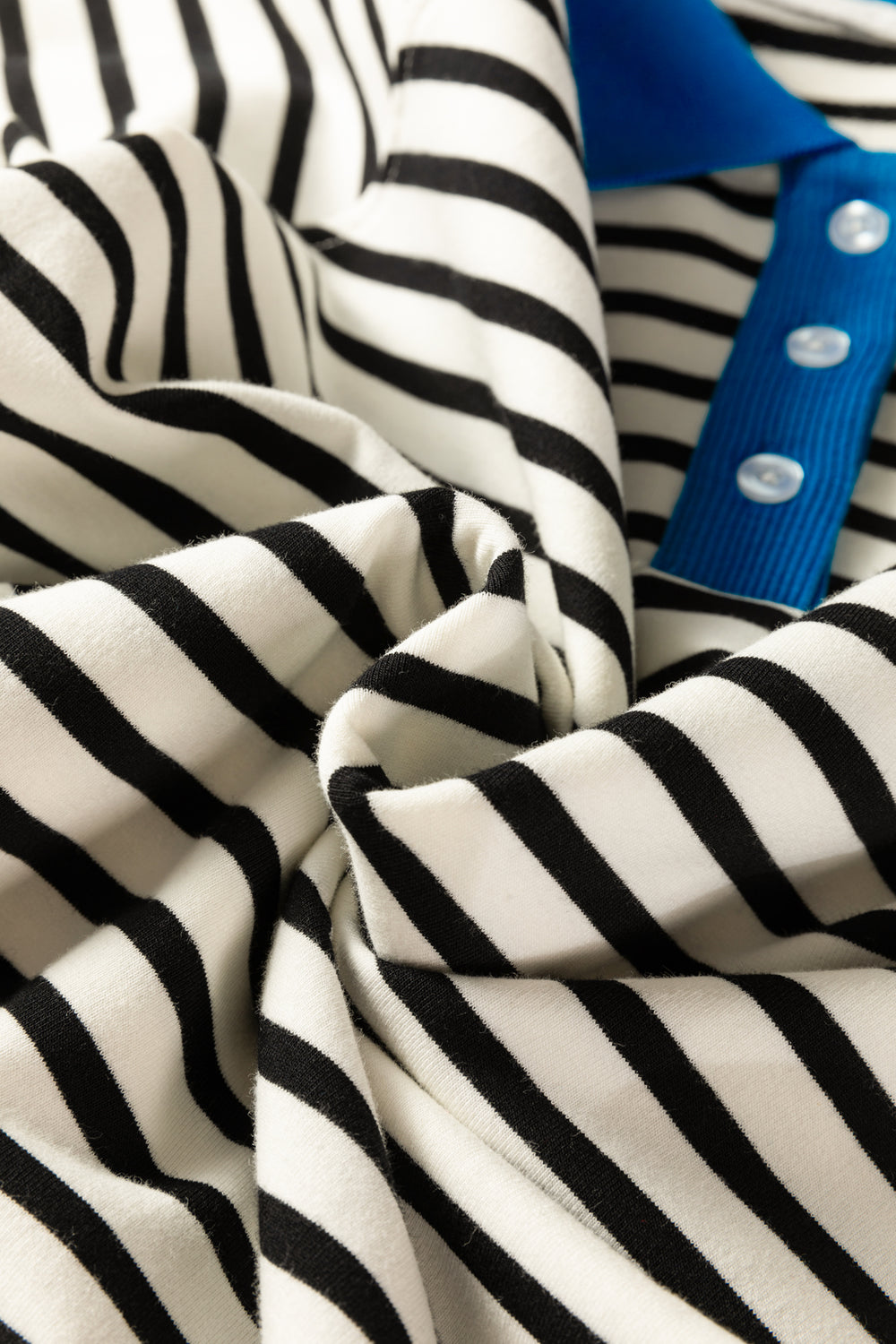 Black Stripe Color Block Patchwork Button Polo Collar Side Slit Swe...