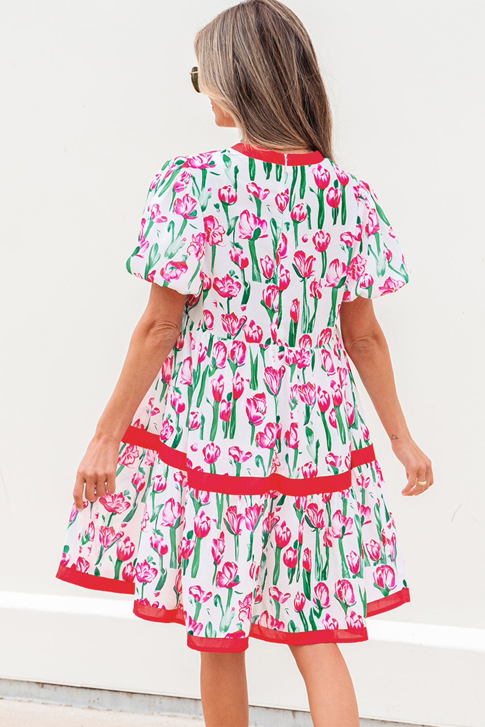 Pink Floral Print Contrast Trim V Neck Bubble Short Sleeve Babydoll Dress