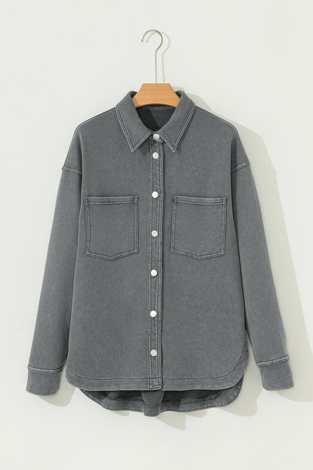 Medium Grey Mineral Wash Chest Pockets Drop Shoulder Shacket with S...