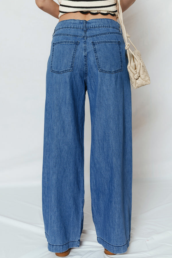 Dusk Blue Lace-up Pull on Wide Leg Jeans