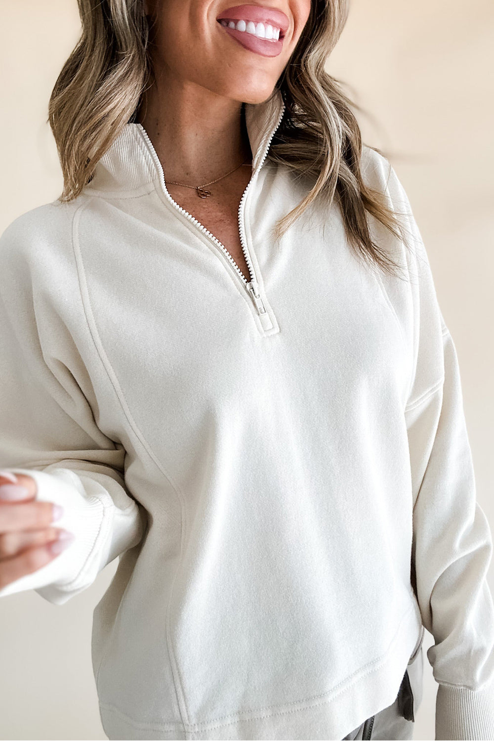 Jungle Green Zipped Neck Pullover Drop Shoulder Sweatshirt