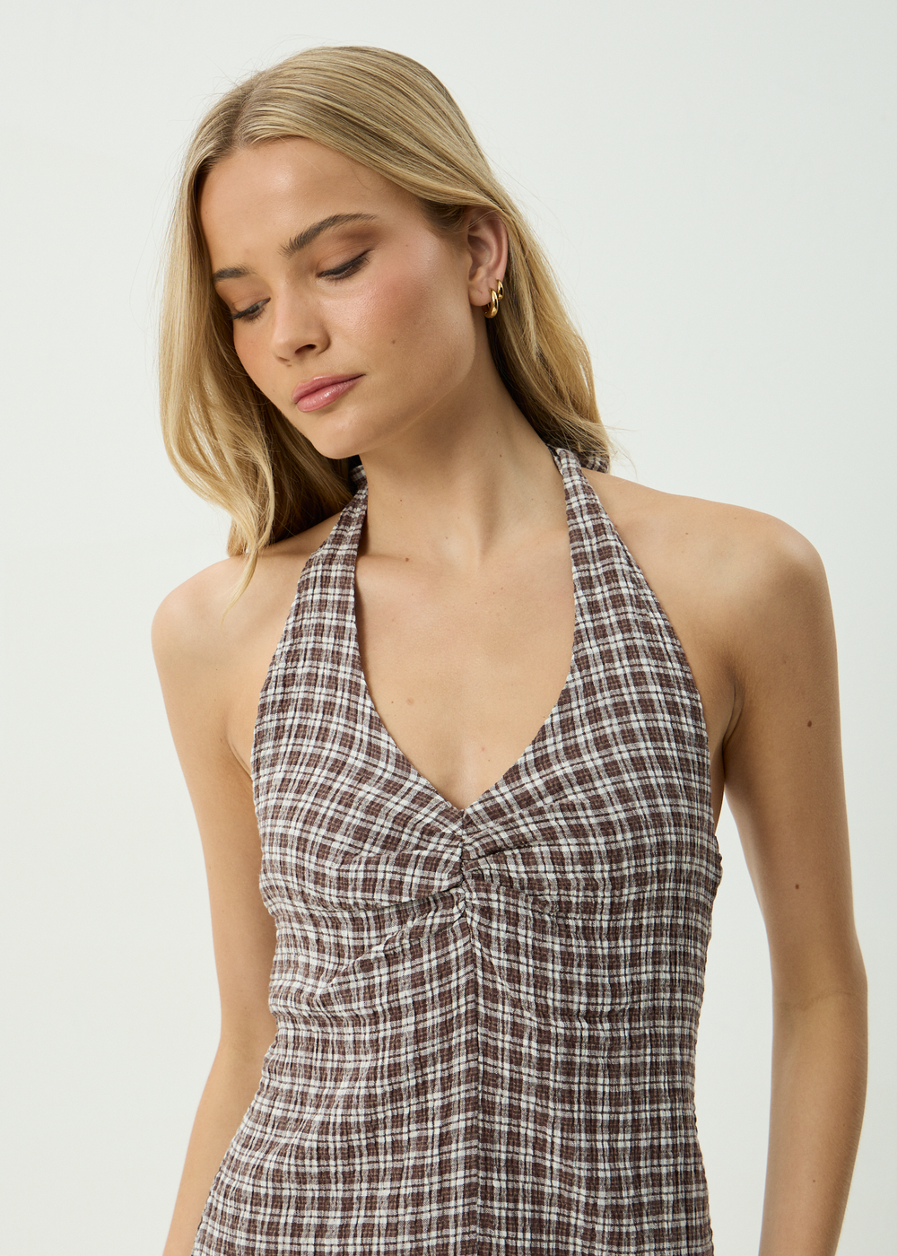 Womens Seersucker Halter Mini Dress Montana - Coffee Check - AFENDS