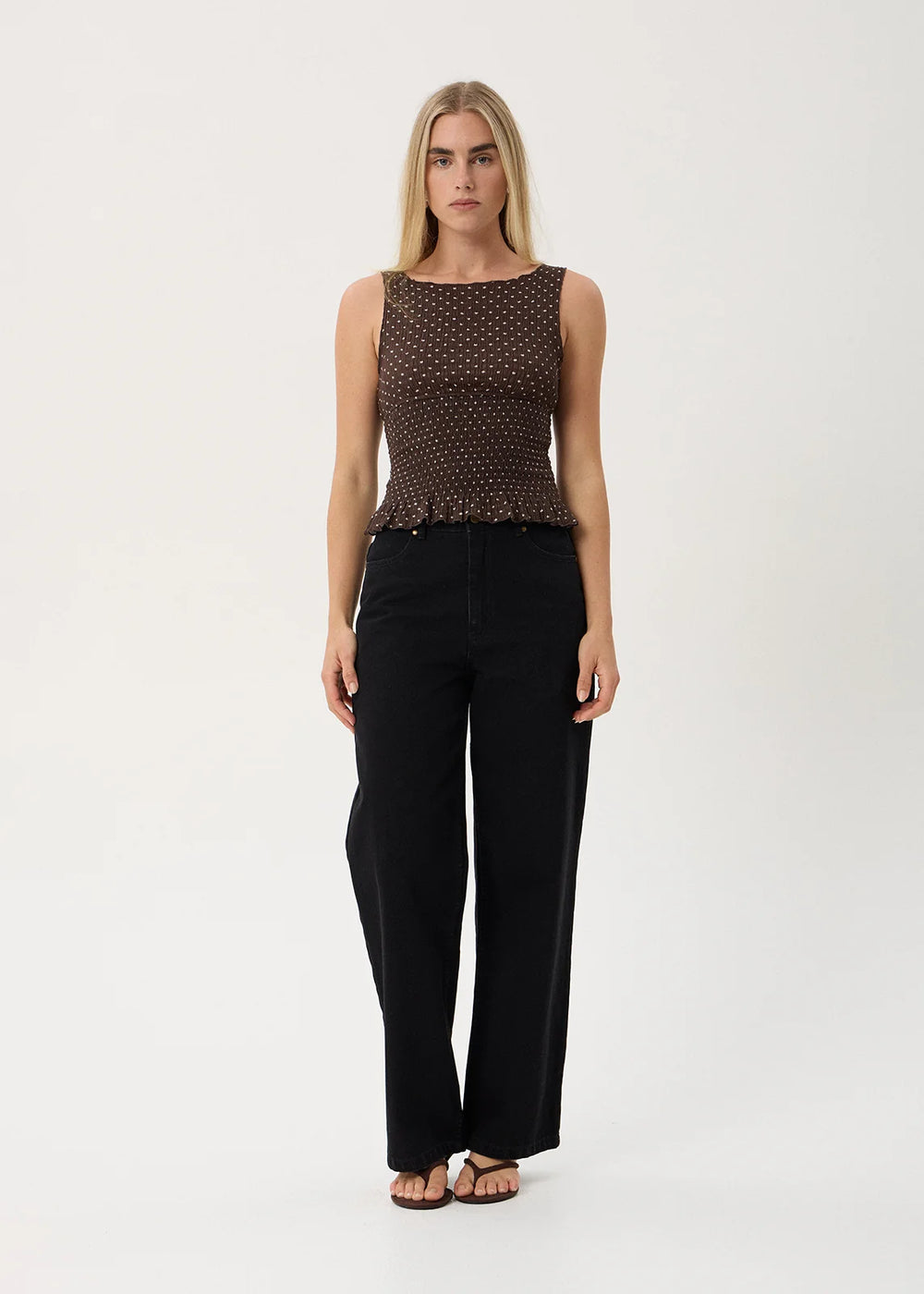Womens Seersucker Sleeveless Top Cedar - Coffee Polka Dot - AFENDS
