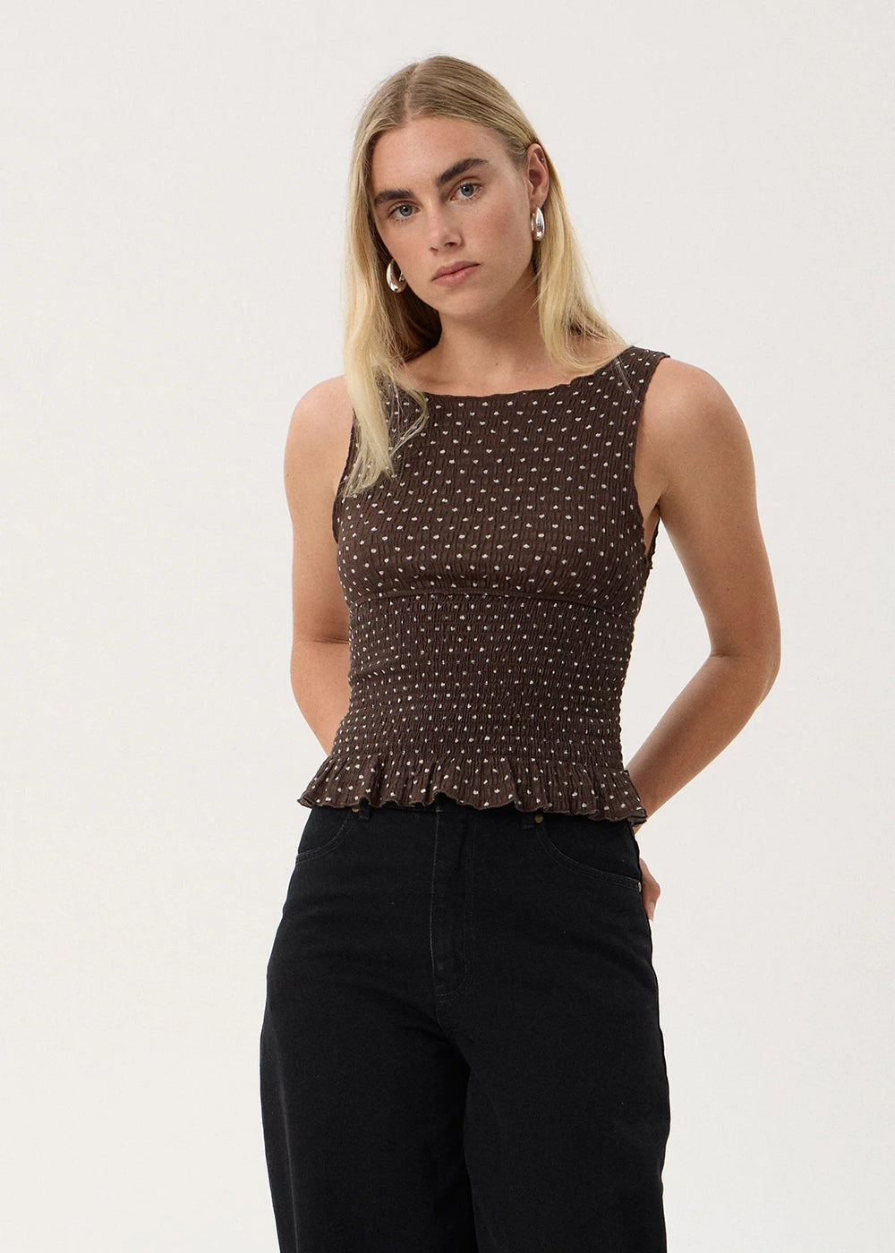 Womens Seersucker Sleeveless Top Cedar - Coffee Polka Dot - AFENDS