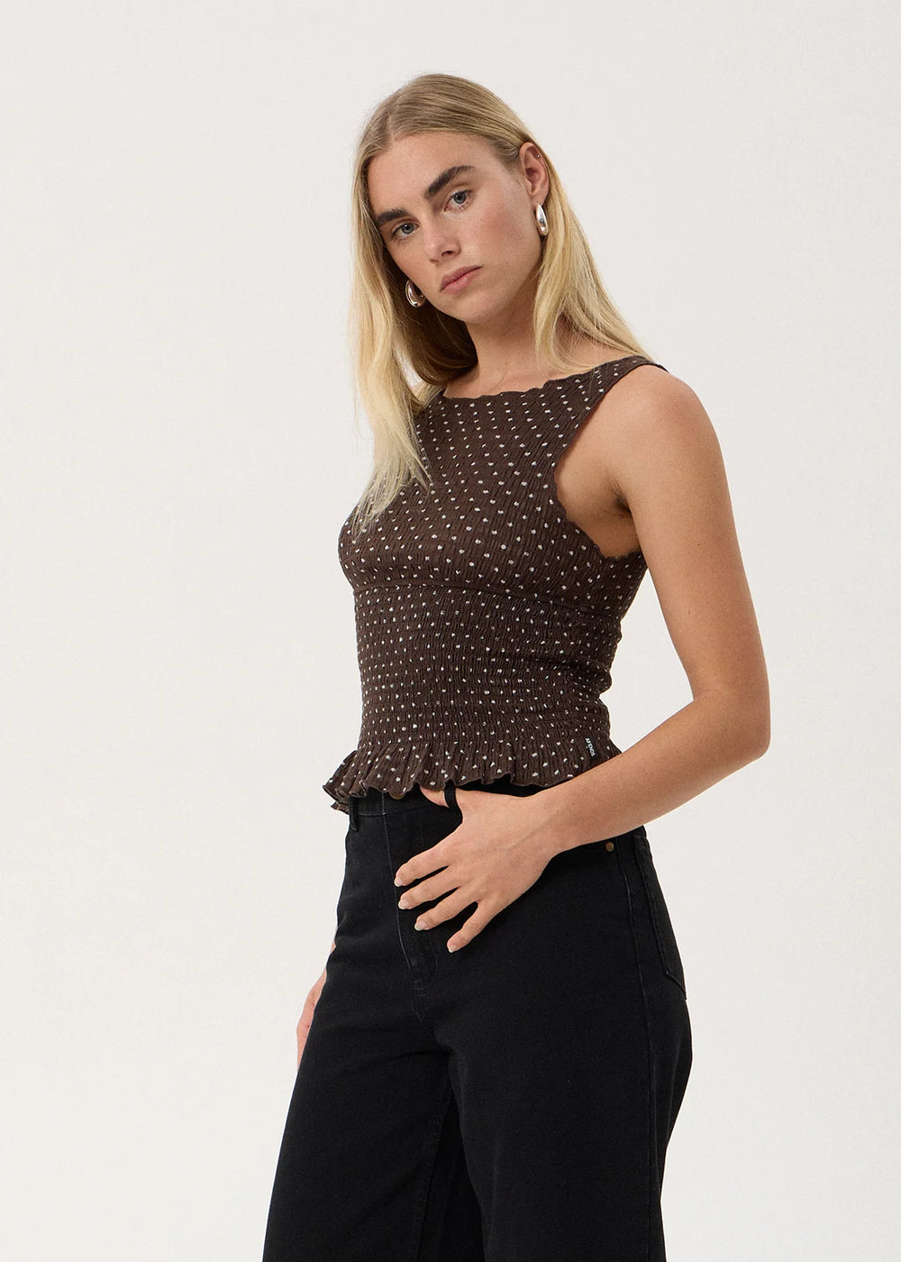 Womens Seersucker Sleeveless Top Cedar - Coffee Polka Dot - AFENDS