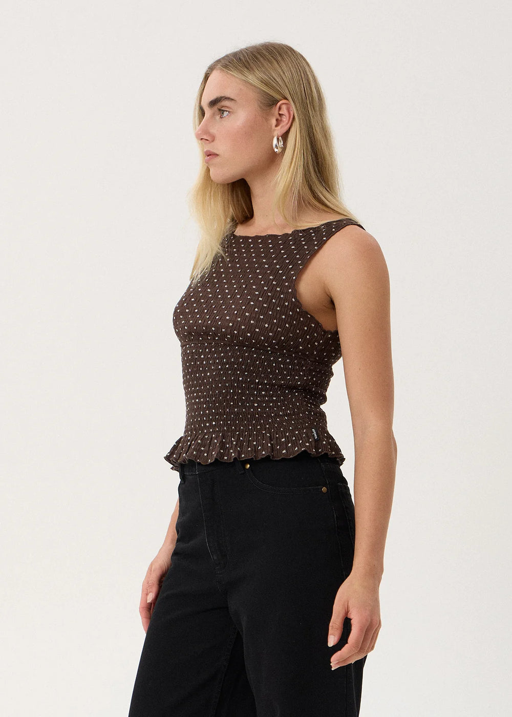Womens Seersucker Sleeveless Top Cedar - Coffee Polka Dot - AFENDS