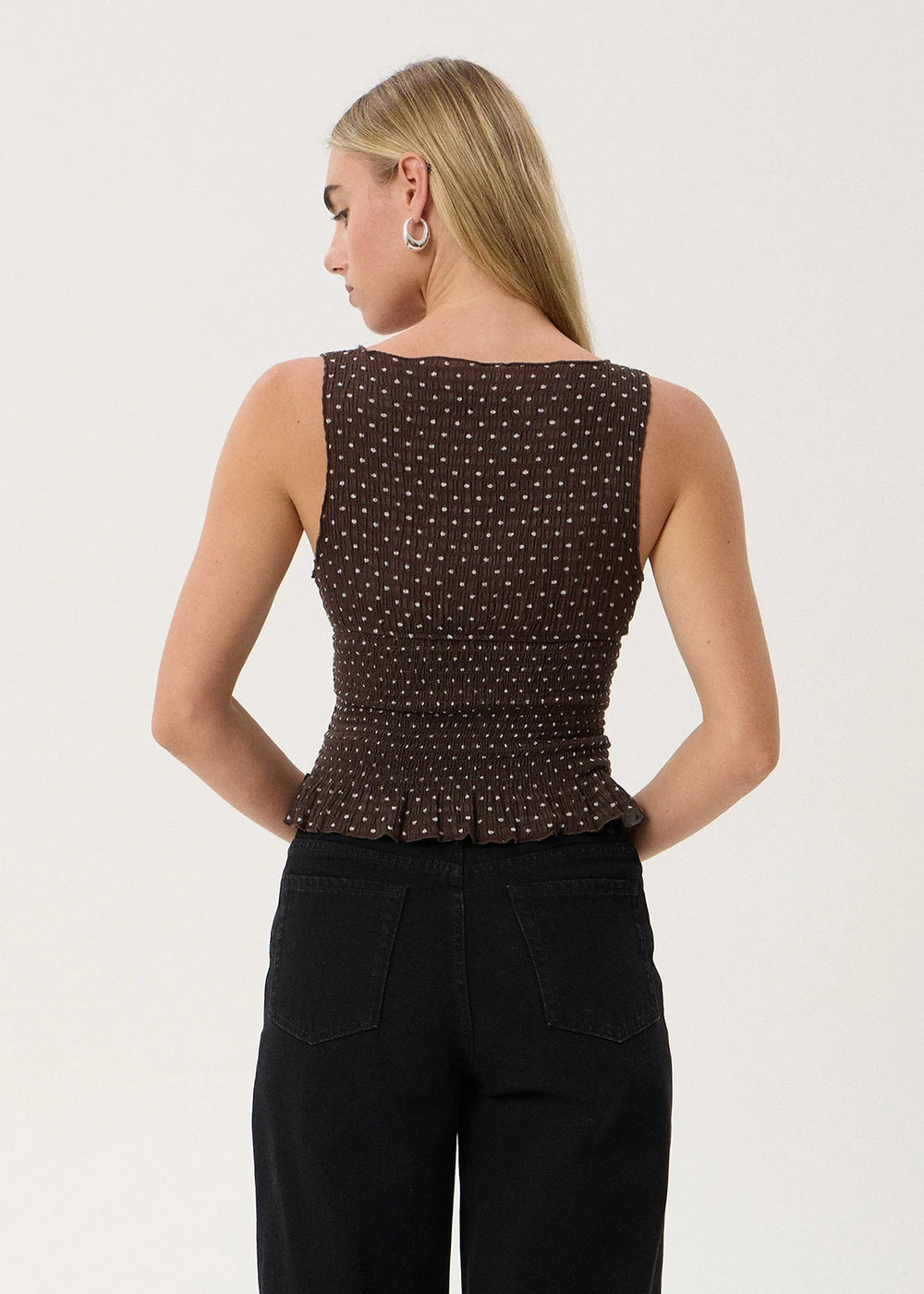 Womens Seersucker Sleeveless Top Cedar - Coffee Polka Dot - AFENDS