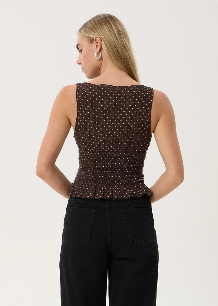Cedar Seersucker Sleeveless Top – Coffee Polka Dot