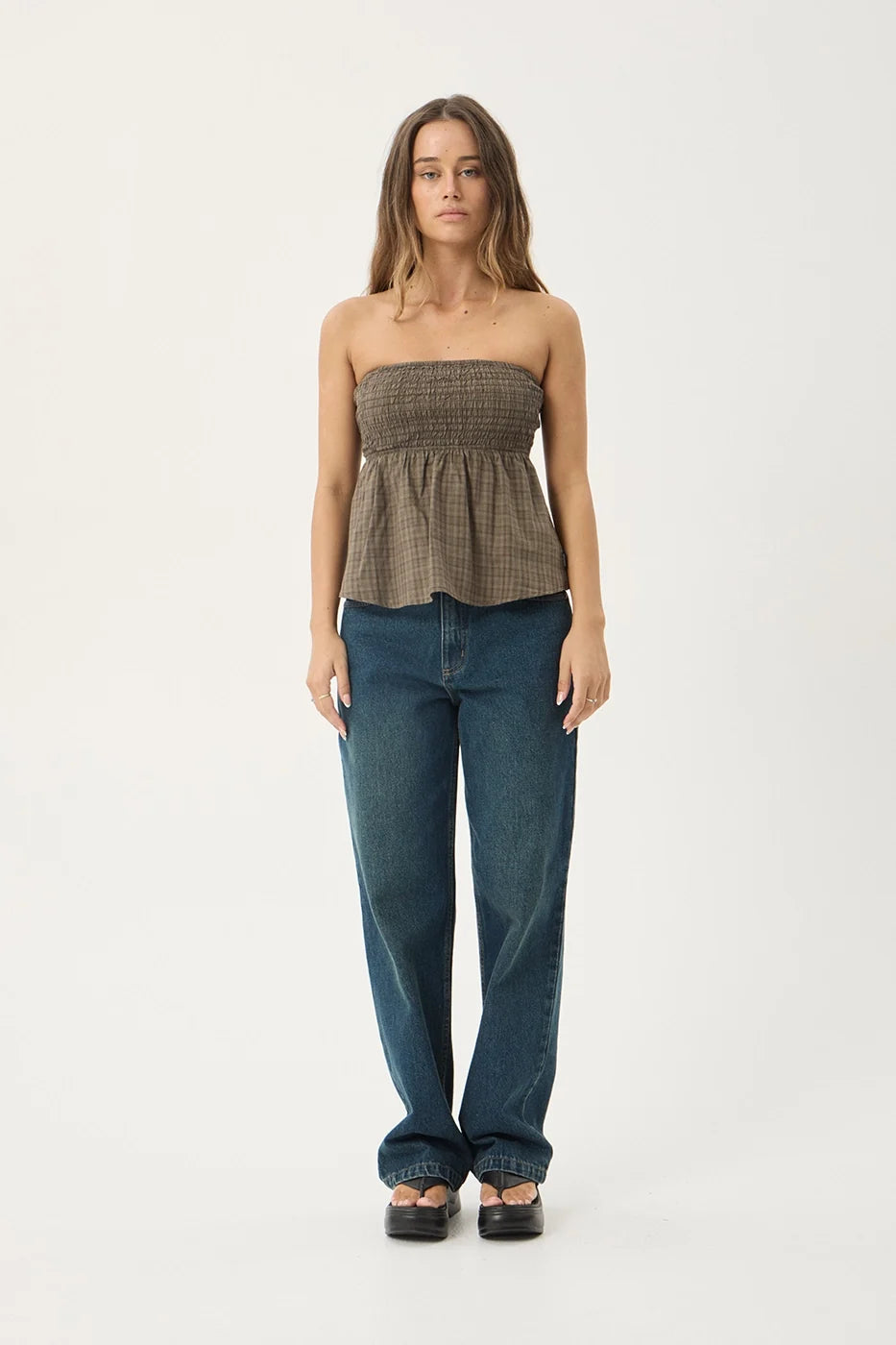 Womens Strapless Top Mina Shadow - Stone Check - AFENDS