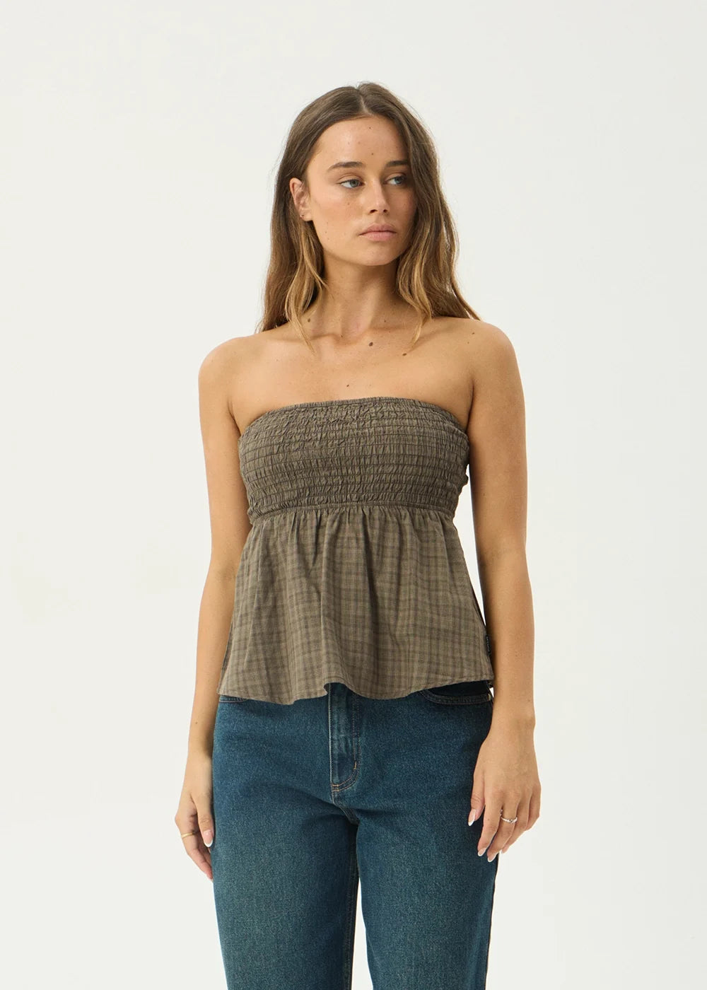 Womens Strapless Top Mina Shadow - Stone Check - AFENDS