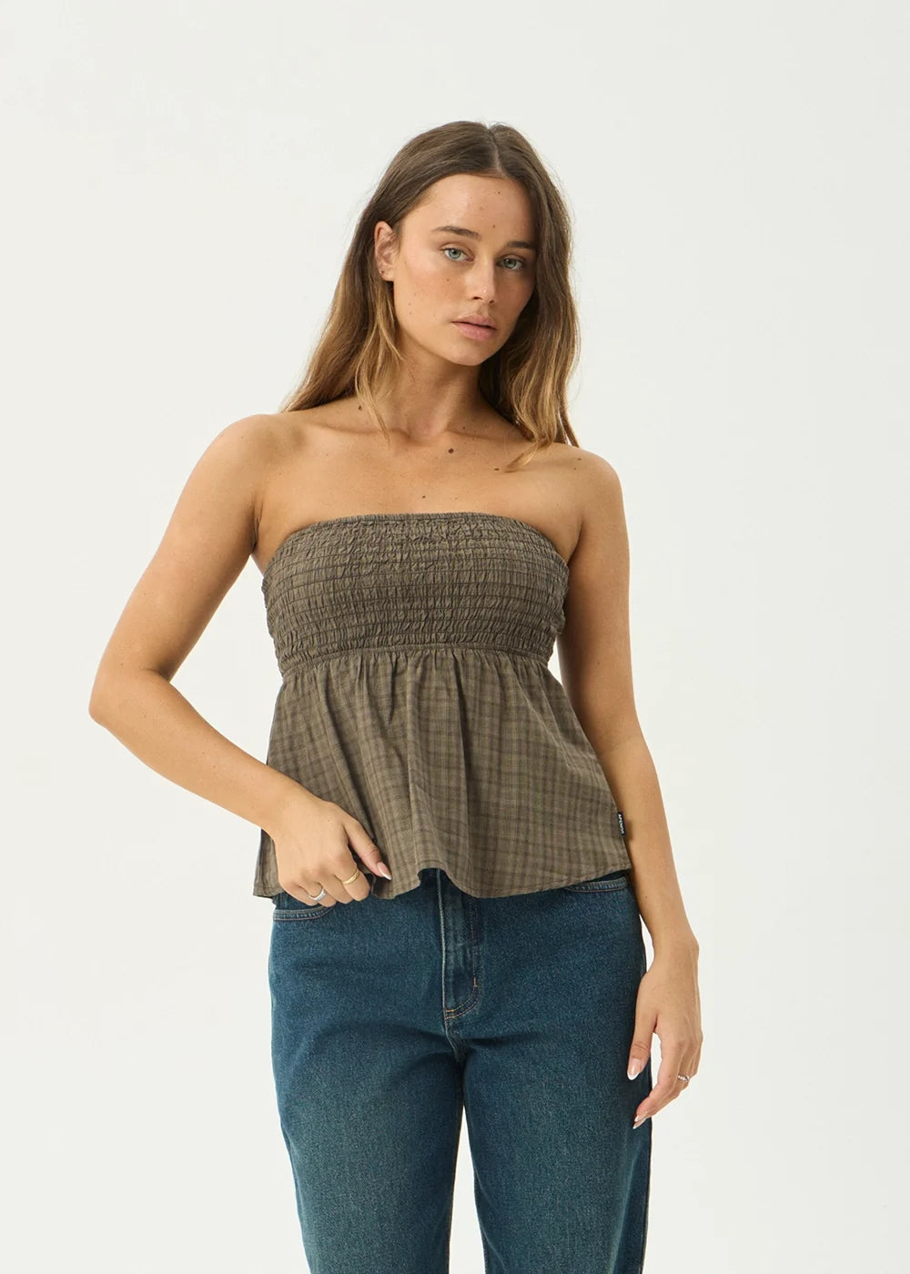 Womens Strapless Top Mina Shadow - Stone Check - AFENDS
