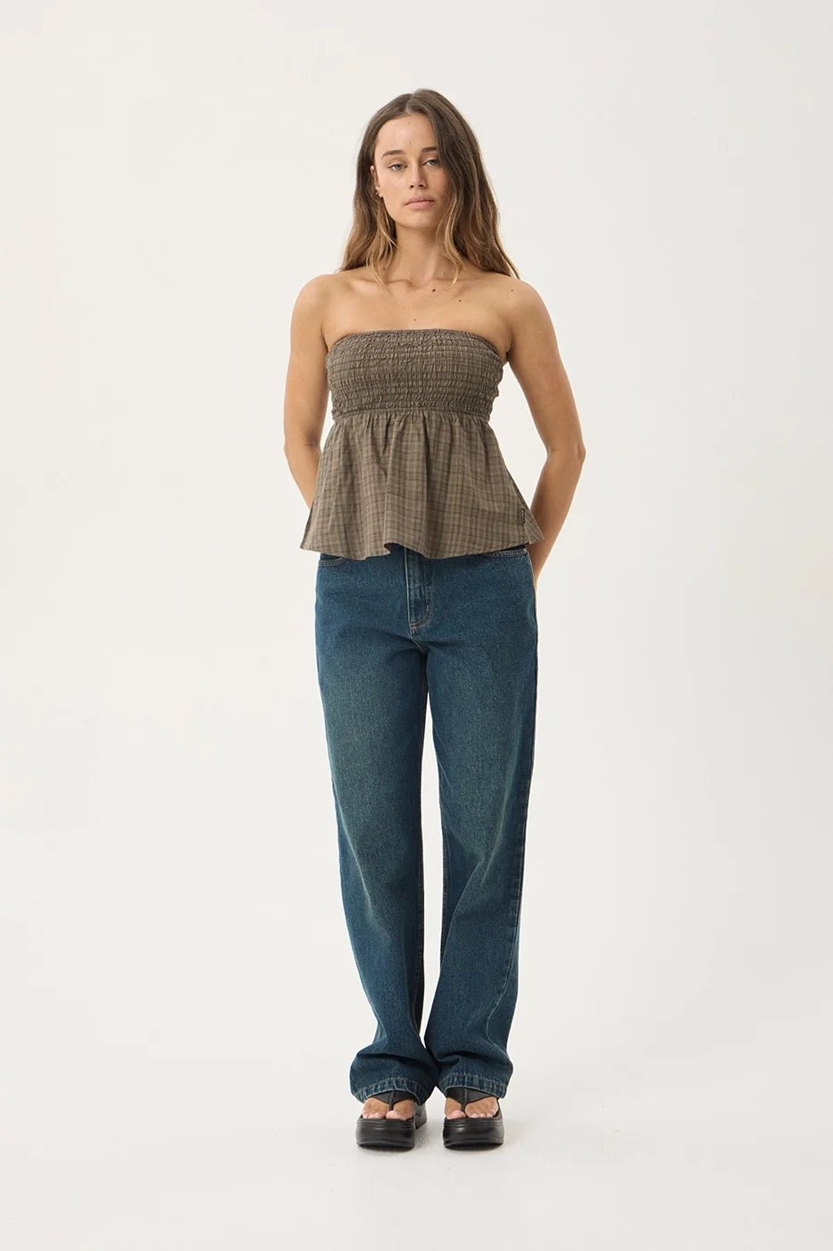 Womens Strapless Top Mina Shadow - Stone Check - AFENDS