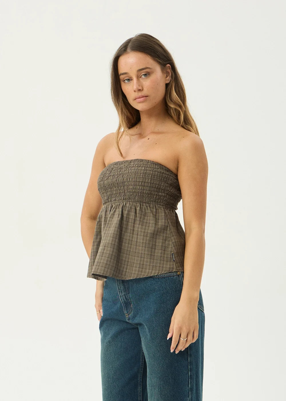 Womens Strapless Top Mina Shadow - Stone Check - AFENDS