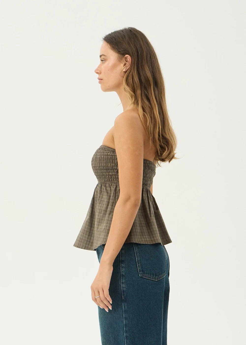 Womens Strapless Top Mina Shadow - Stone Check - AFENDS
