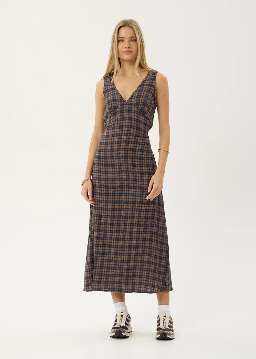 Womens Seersucker Maxi Dress Tully - Shev Indigo Check - AFENDS