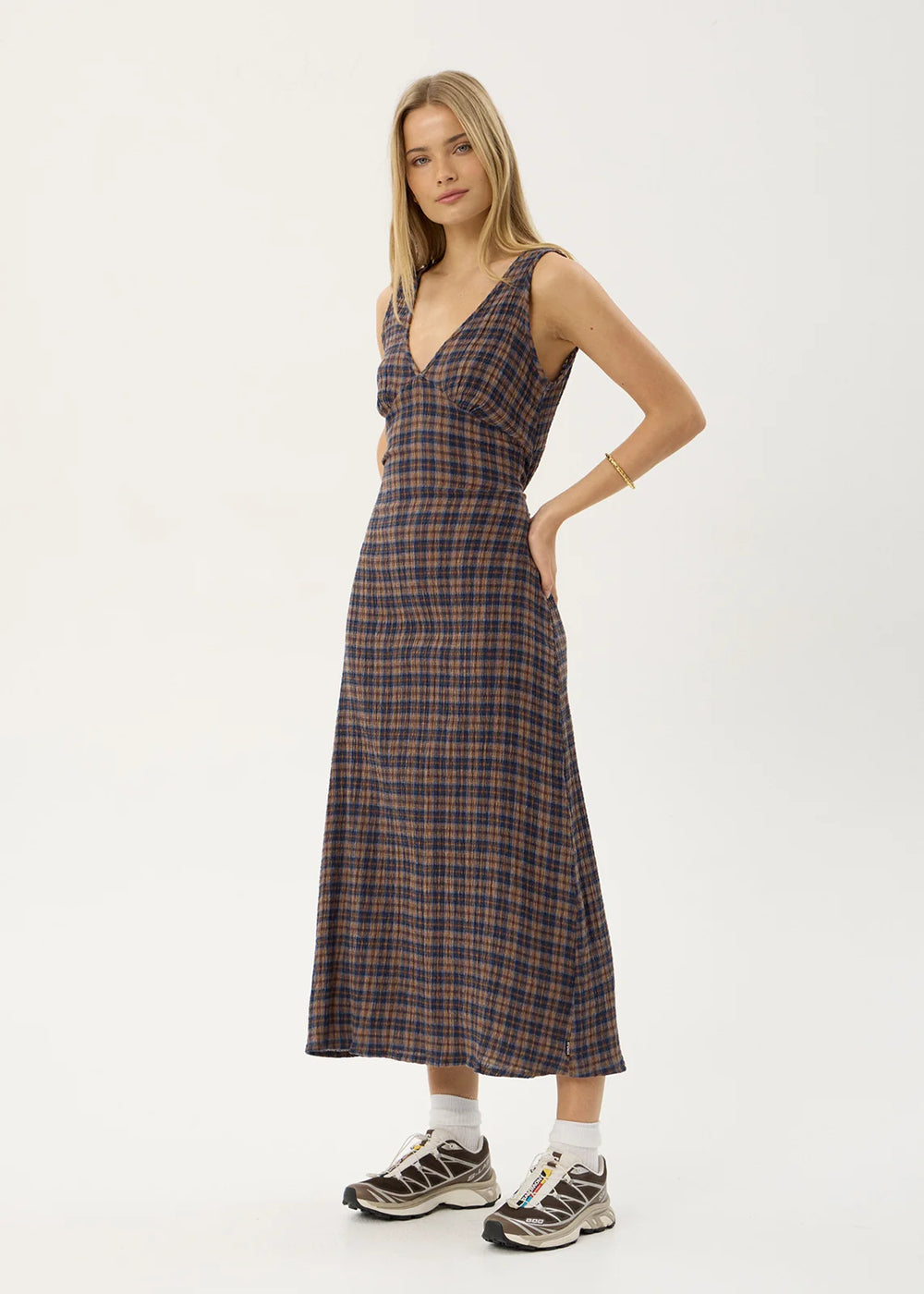 Womens Seersucker Maxi Dress Tully - Shev Indigo Check - AFENDS