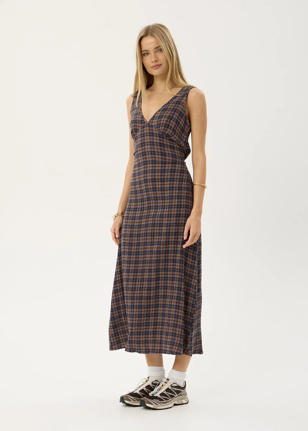 Womens Seersucker Maxi Dress Tully - Shev Indigo Check - AFENDS
