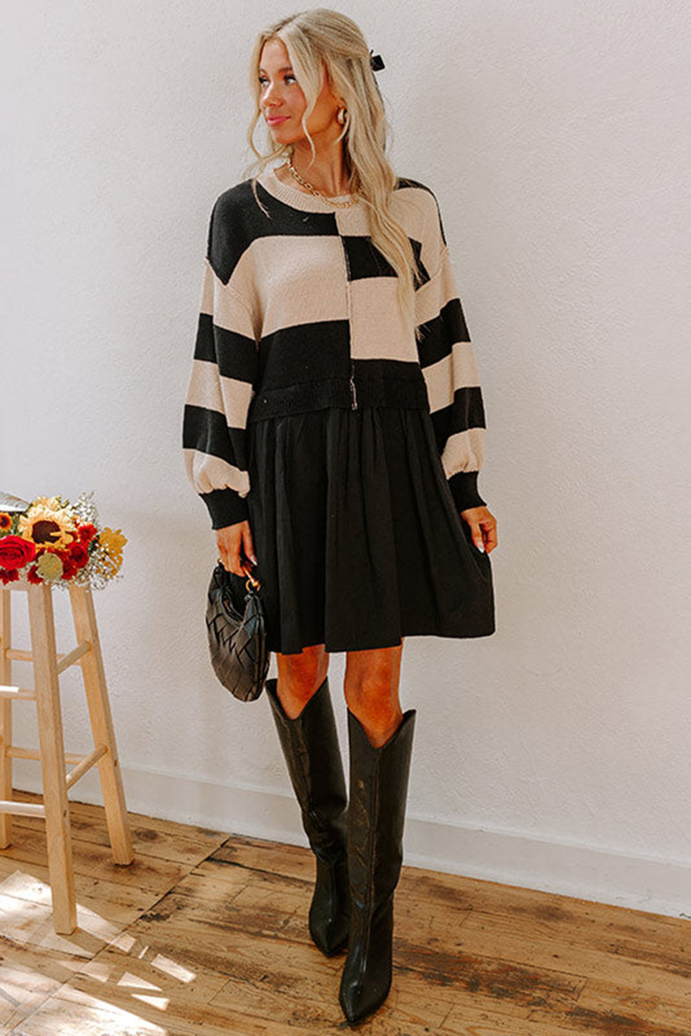Black Stripe Two in One Knitted Top High Waist Splicing Hem Sweater