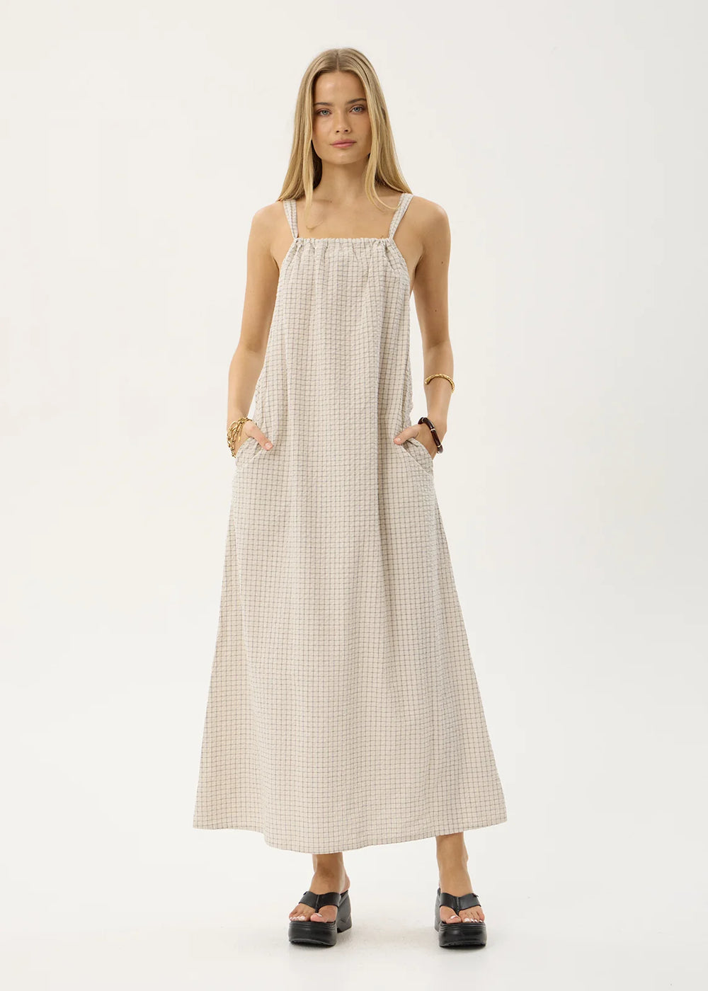 Womens Seersucker Maxi Dress Vania - Reverb Moonbeam Check - AFENDS