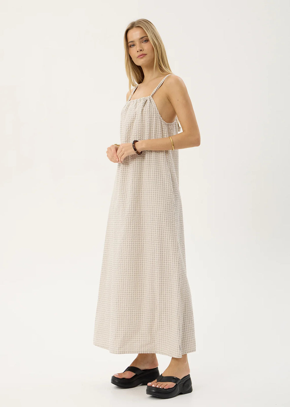 Womens Seersucker Maxi Dress Vania - Reverb Moonbeam Check - AFENDS