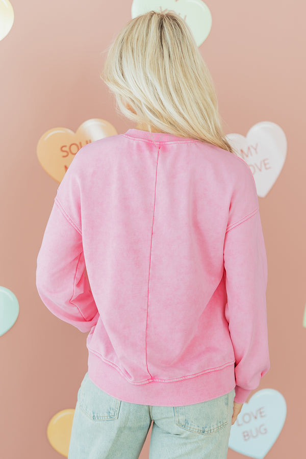 Bright Pink Mineral Wash Crossed Crew Neck Drop Shoulder Loose Swea...