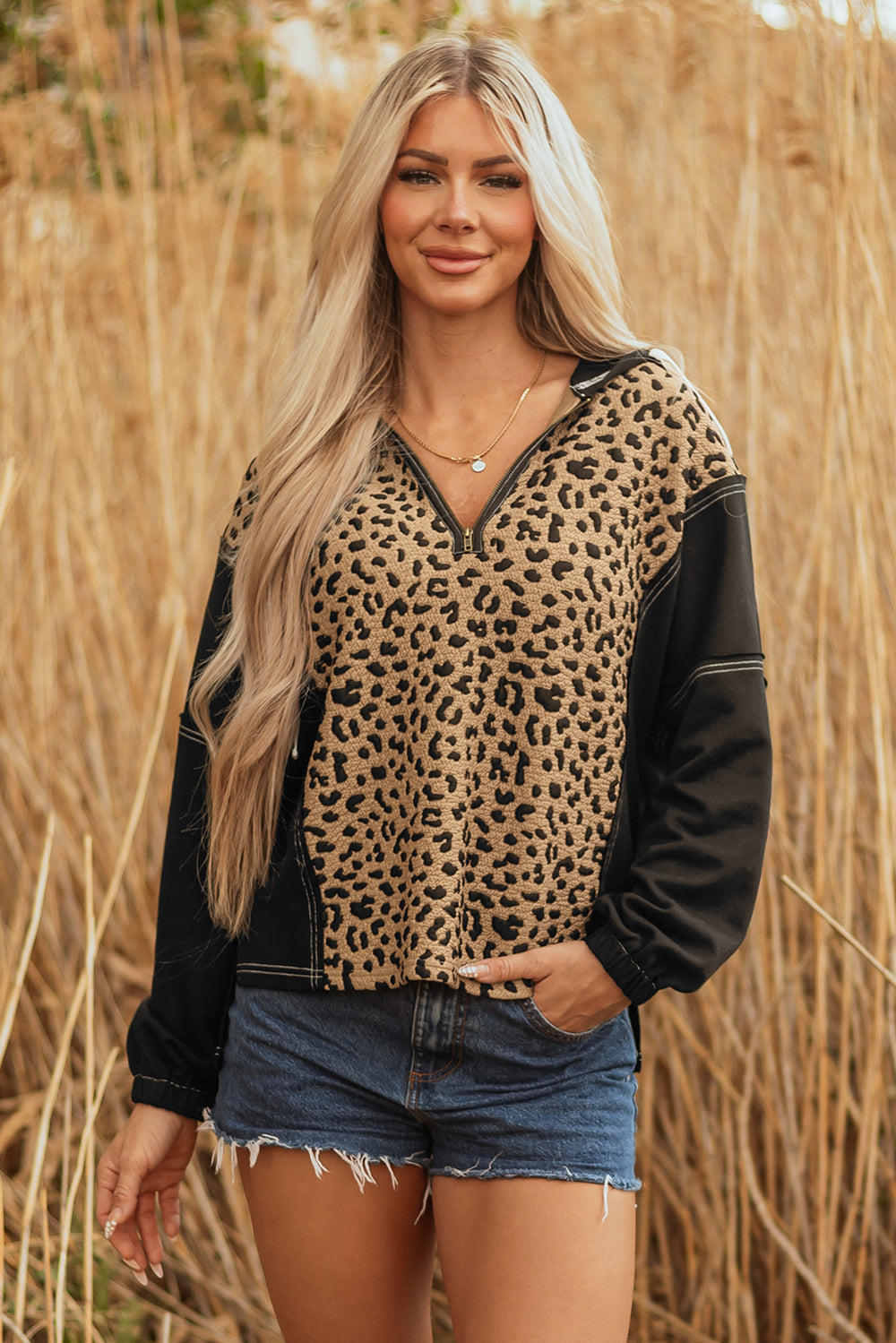 Brown Leopard Patchwork Contrast Stitching Knotted Cuff Quarter Zip