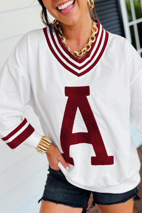 Red Dahlia Chenille Letter A Graphic Varsity Striped V Neck Puff Sl...