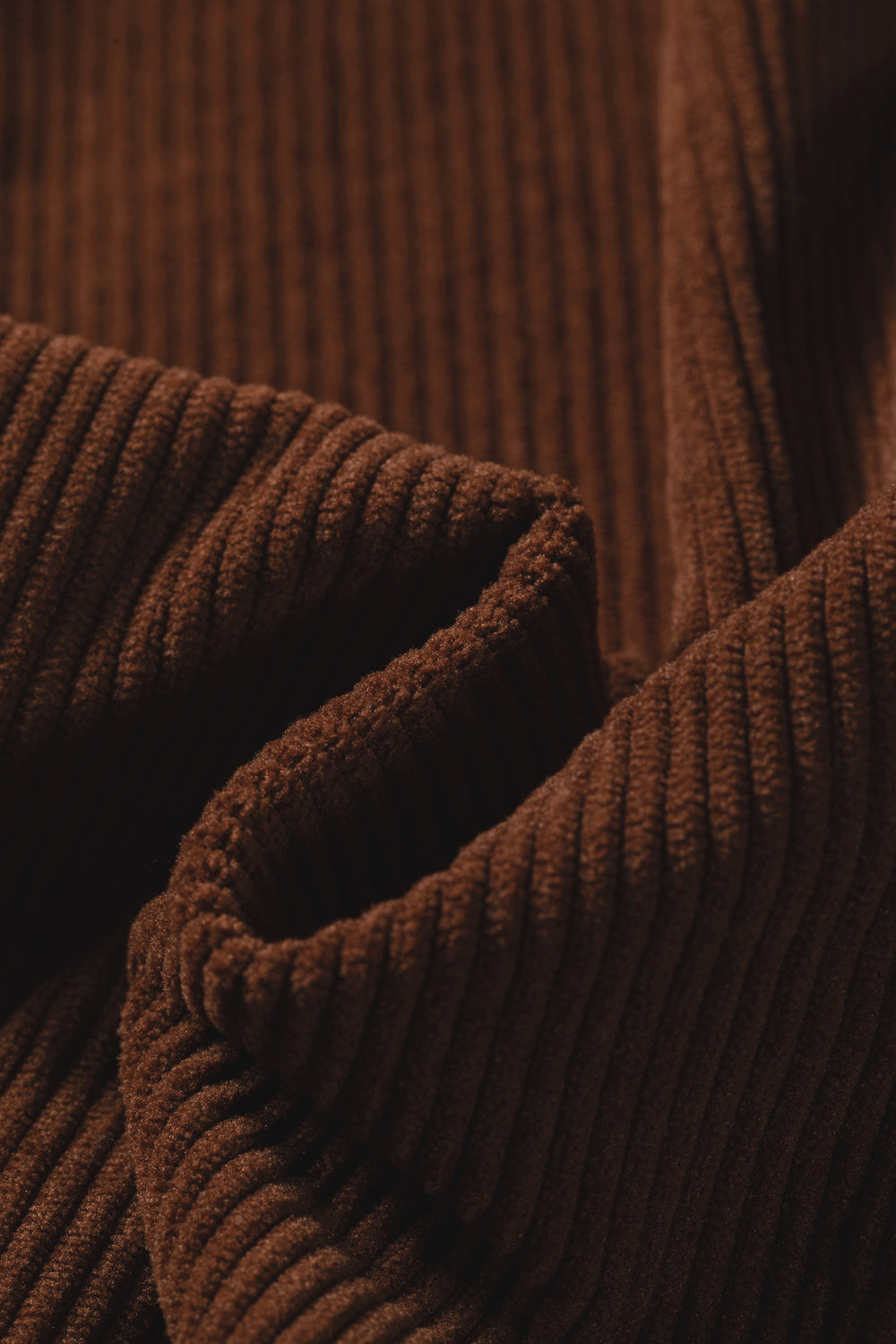 Coffee Solid Color Ruffle Trim V Neck Long Sleeve Button Corduroy S...
