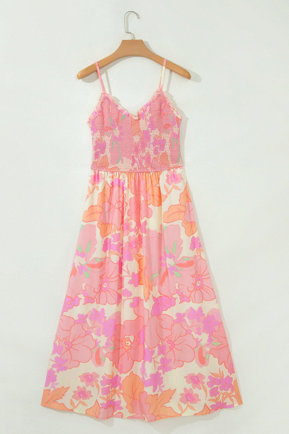 Pink Spaghetti Straps Floral Shirred High Waist Dress