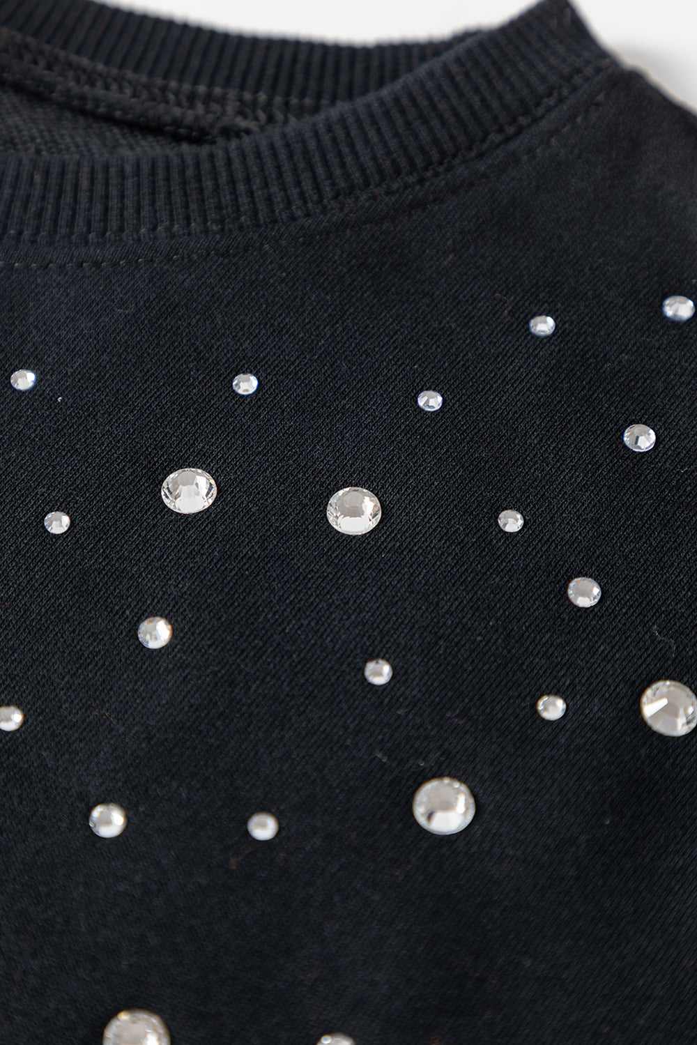 Black Rhinestone Embellished Drop Shoulder Ribbed Cuffs Sweatshirt