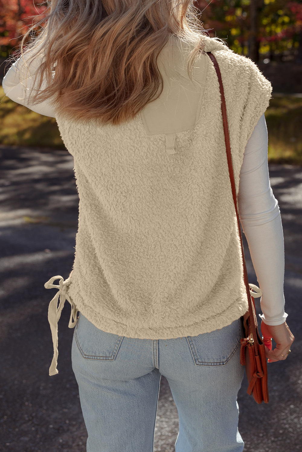 Cinnamon Faux Fur Snap Button Front Knot Side Plush Vest with Pockets