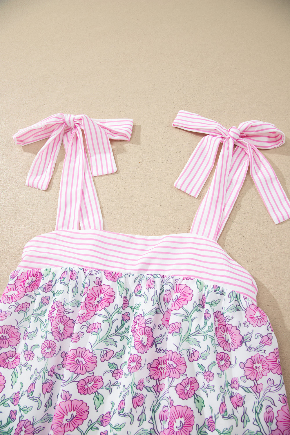 Sky Blue Floral Print Striped Patchwork Bow Knot Straps Mini Dress