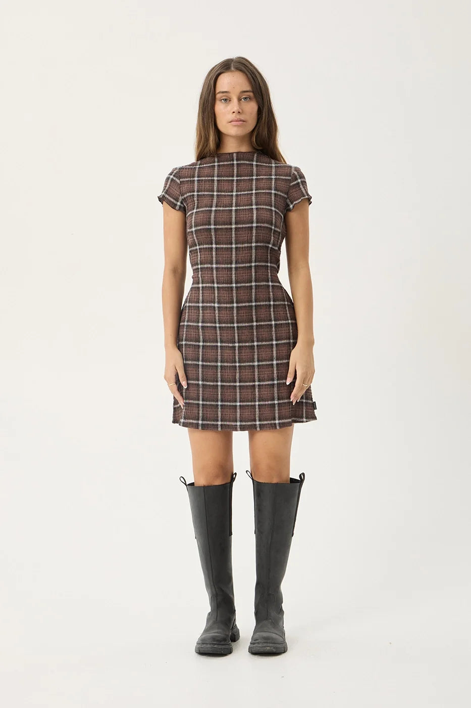 Womens Seersucker Mini Dress Elodie - Reverie Coffee Check - AFENDS
